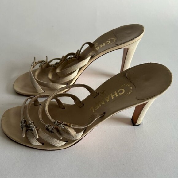 Rare Chanel Iconic "CC" Rhinestone Metallic Leather Sandal Heels size 40 - Picture 4 of 13